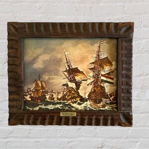 Vintage G. CHAMBERS Nautical Ship PRINT CARVED WOOD Frame